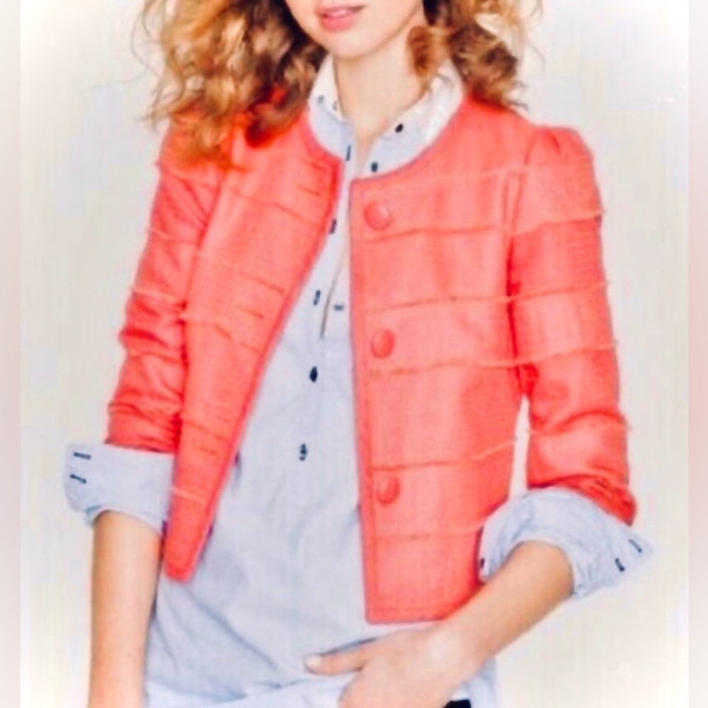 J Crew XS size 2 Coral Blazer jacket Euc Work Career Casual Cotton Blend fringe